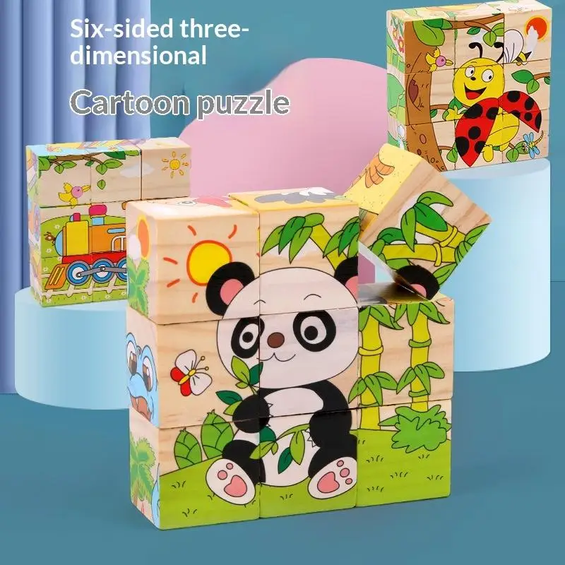 9Pcs/Set Baby Toys Wooden Blocks Six Side Cube Jigsaw Puzzles Game Animal Fruit Traffic Cognition Puzzle Funny Educational Toys