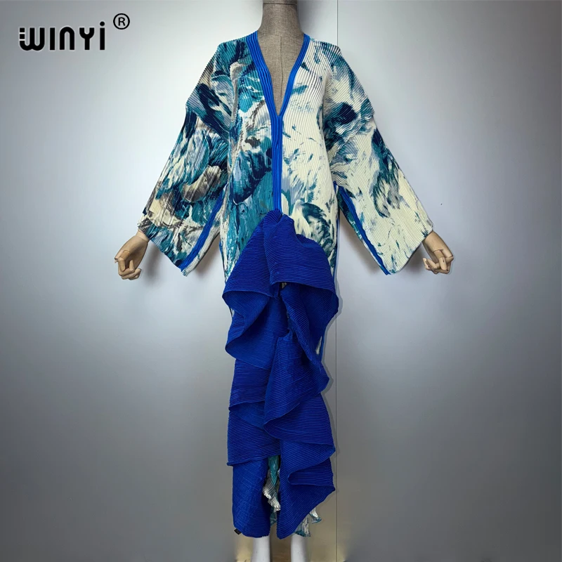 WINYI Boho Maxi Kaftan Dress Middle East Style Elegant Pleated Beach Cover up Elastic Luxury Party Evening Dubai Abaya
