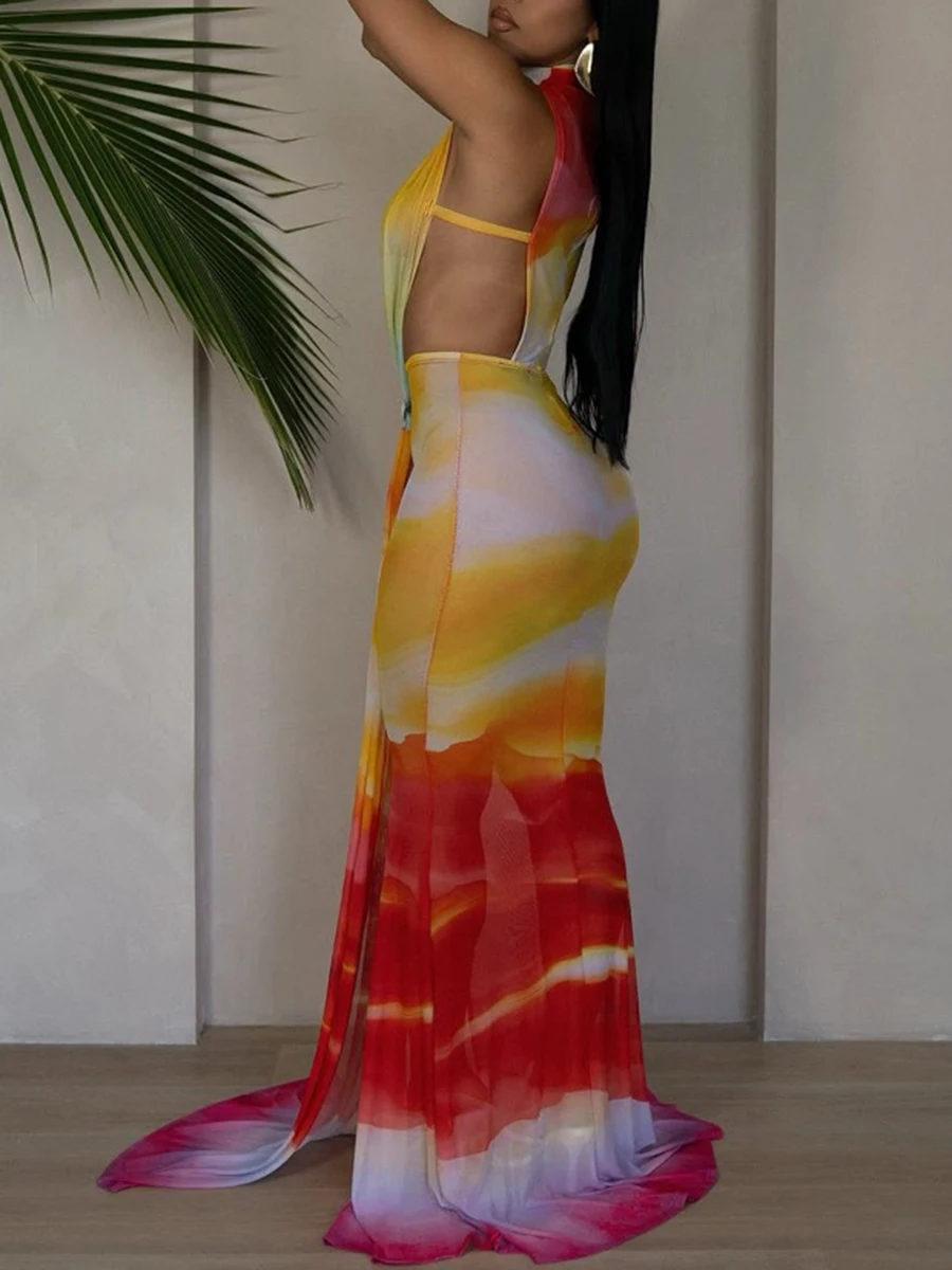 ZIML Hit Color adelgazamiento estampado vestidos calados para mujeres cuello alto sin mangas cintura alta temperamento vestido femenino nuevo