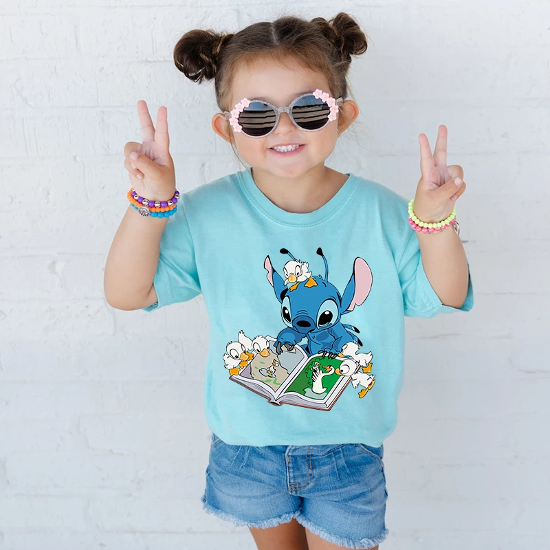 Stitch Bedrukt Kids T-Shirt Blauw Casual Tops Zomer Kinder Katoenen Korte Mouwen Geschikt Voor Jongens En Meisjes