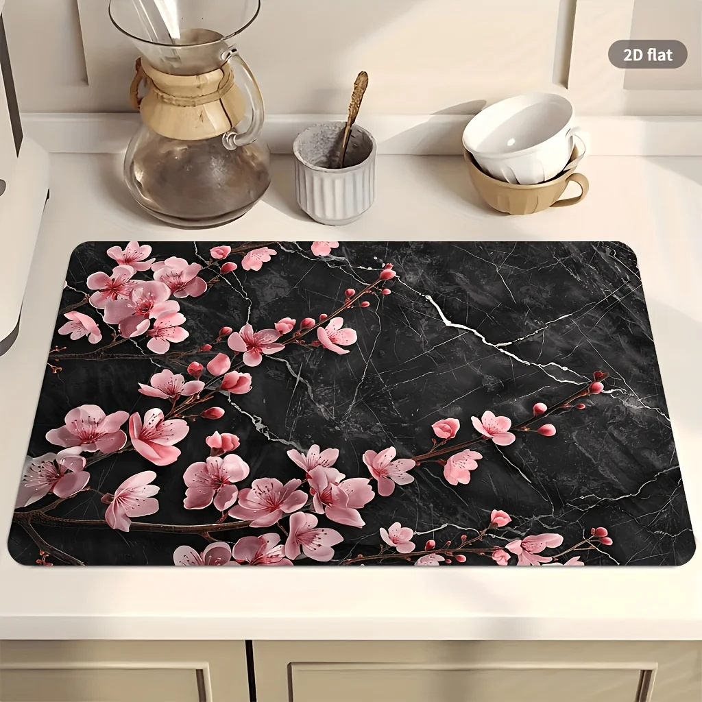 Cherry Blossom Marble Kitchen Counter Pad Placemat Pad Dustproof Heat Resistant Absorbing Countertop Protection Non Slip Mat