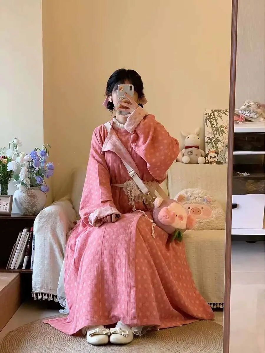 100% Cotton Double Sided Wear Hanfu Coat Vintage Floral Printed Loose Long Robe Oriental Ancient Daily Costume With Waist Belt