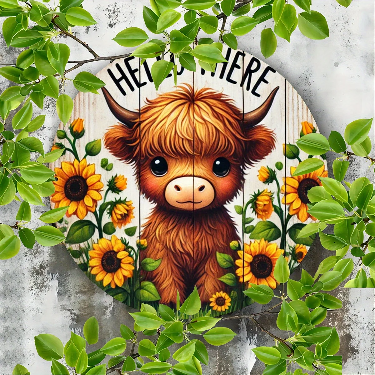 Highland Cow and Sunflowers Wall Art: 8x8 Inch Round Iron Sign with Cute Calf and Blooming Flowers - Perfect for Bar, Cafe, or C