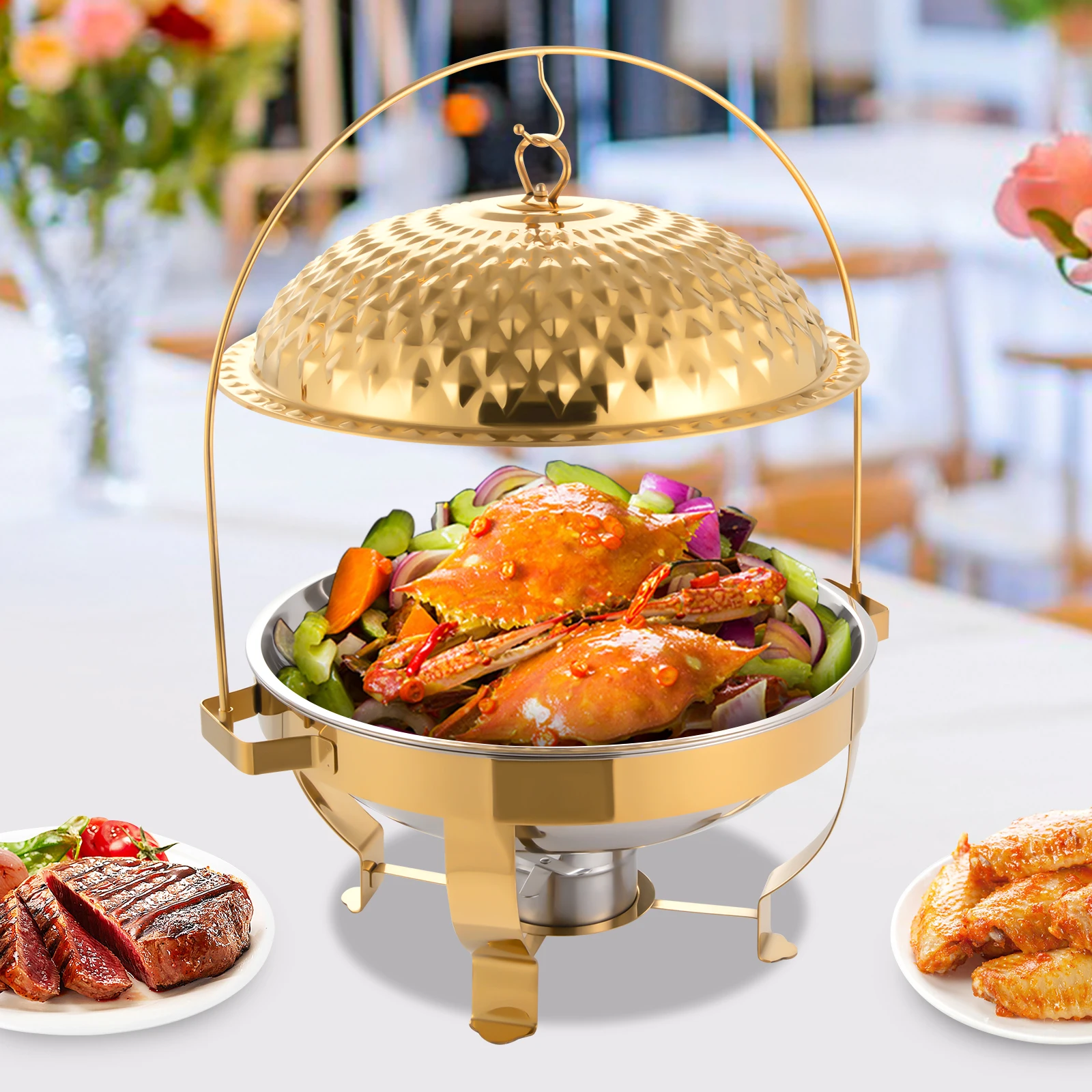 

Chafing Dishes for Buffet Set of 4, 8.5Qt /8L Stainless Steel Round Buffet Chafer, Food Warmer with Alcohol Burner (Gold)