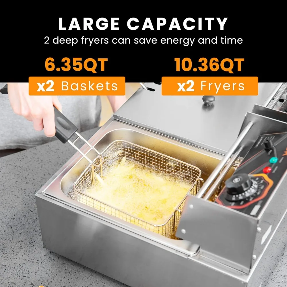 Commerciële elektrische friteuse van 110 V, 20,7 Qt met 2 x 6,35 QT verwijderbare manden, bescherming tegen oververhitting