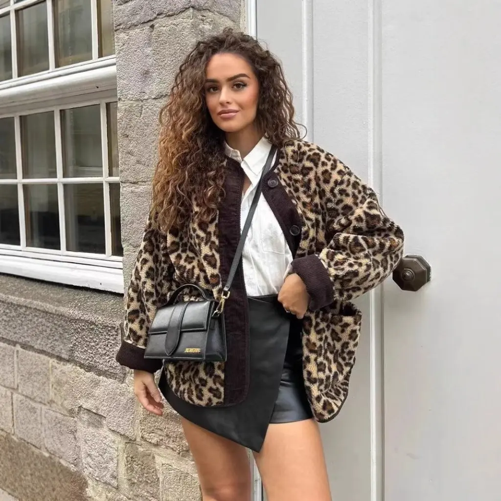 

Women's Leopard Print Jacket Casual Loose Long-Sleeved Autumn Winter Outerwear European American Style 24 Models