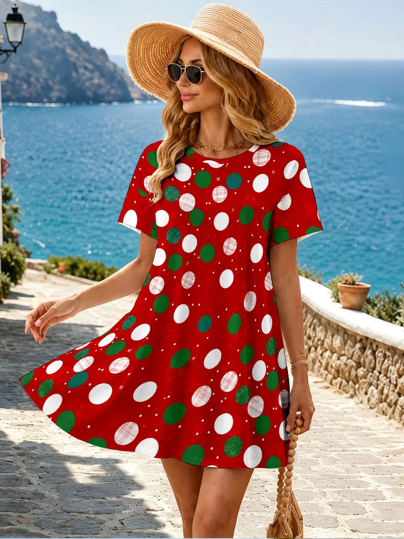 3D Retro floral pattern mini dress, women's summer round neck short sleeved casual loose retro A-line dress