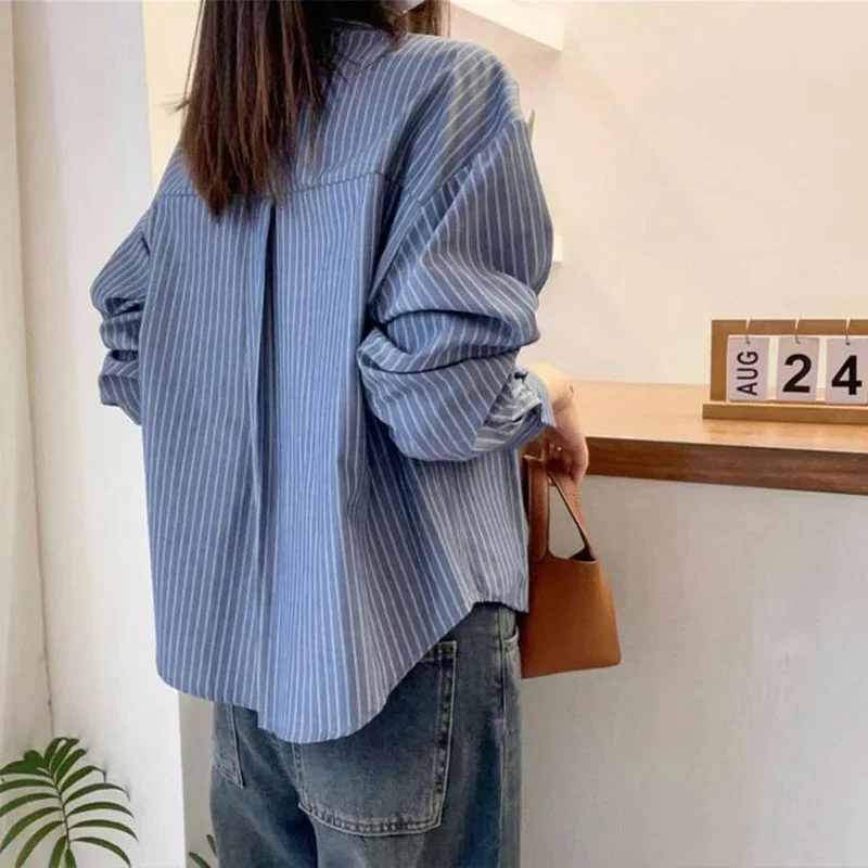 Casual Commuting Polo Collar Long Sleeves Striped Shirt for Women\'s Spring Autumn New Western Style Loose Temperament Trendy Top