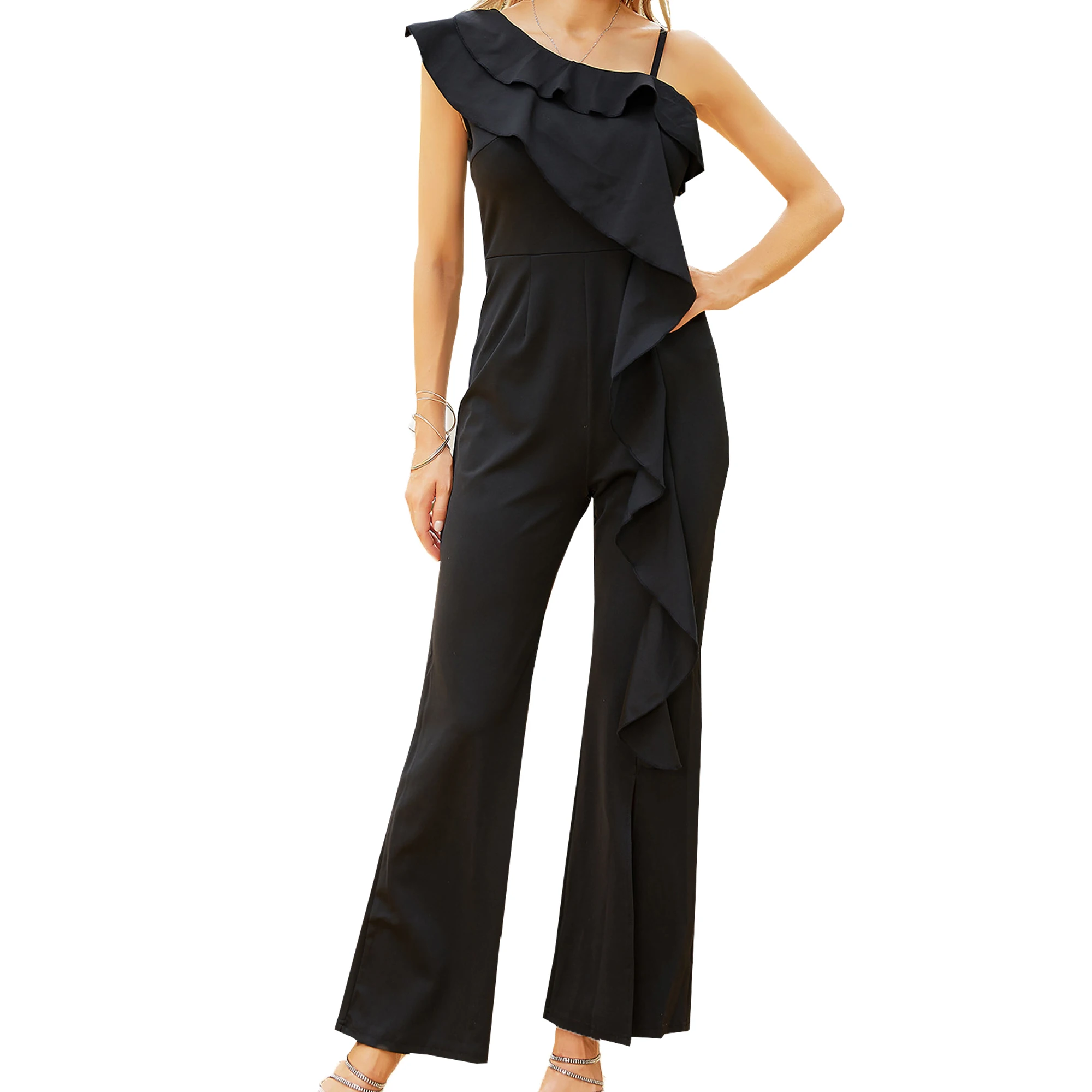 Casual Jumpsuit Uit Één Stuk Voor Dames V-Hals Mouwloze Geplooide Elegante Jumpsuit Wijde Pijpen Sexy Feestclubkleding