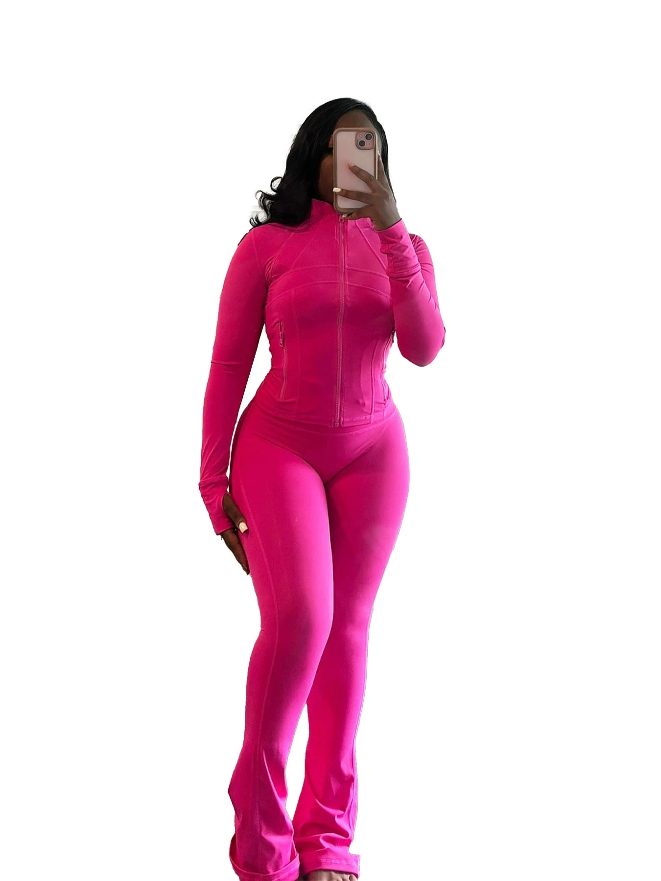 

Streetwear Slim Pants Sets Women Fashion Casual Solid Color Tight Zipper Cardigan Flared Trousers Two Piece Set Sporty Style