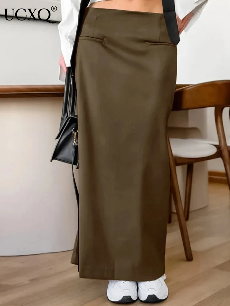 

UCXQ Vintage Fashion Skirt European Style Coffee High Waisted All Match Elegant Casual Long Skirts Women 2024 Spring Autumn 2007