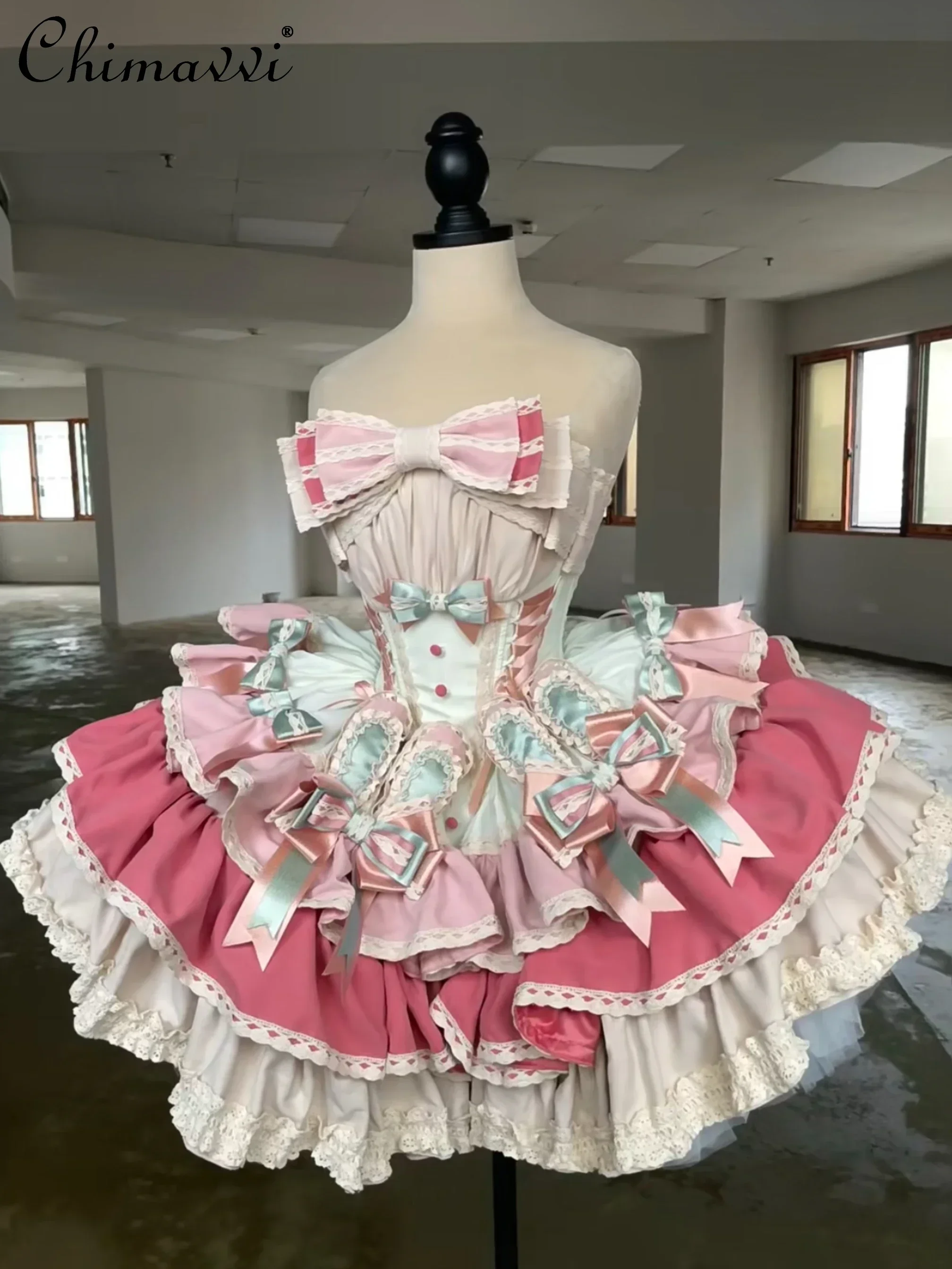 

French Sweet and Cute Lolita Princess Sling Dress Summer New Girly Style Bow Slim Fit Puffy Cake Above Knee Ladies Lo Dresses