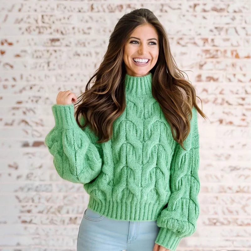 

Осенне-зимний новый женский свитер с круглым вырезом и рукавами-фонариками, свободный повседневный утолщенный женский вязаный пуловер12