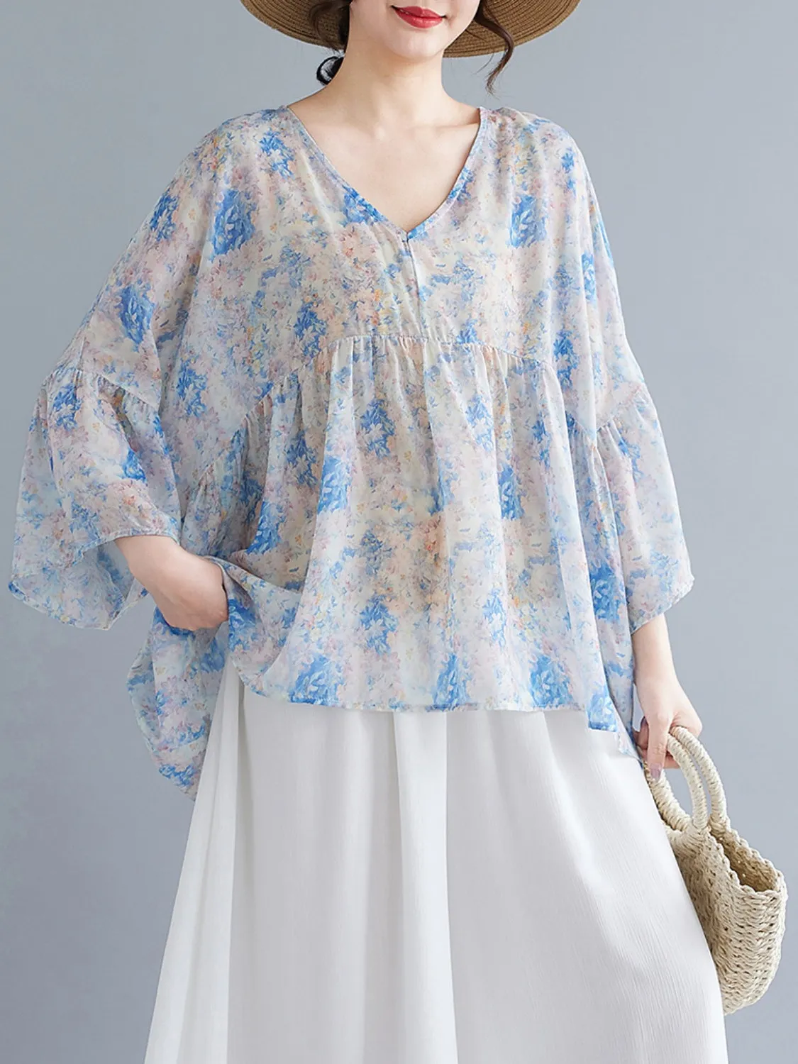 

plus Size Women's Unique Beautiful Print V-Ne Chiffon irt Waist-Cinched Top Summer Faion Sweet Sle Sve Length
