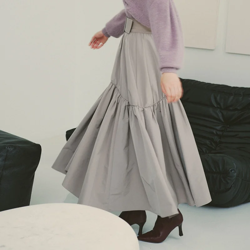 

2022 Autumn Winter Women Jupes Japanese New Design High Waist Sashes Pleated Mujer Faldas Swing Irregular Puffy Skirts