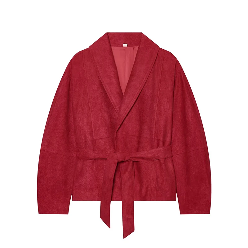 YENKYE Autumn Winter Women Faux Suede Wrap Jacket Shawl Lapel Self‑Tie Belt Waist Long Sleeve Loose Open Front Outerwear
