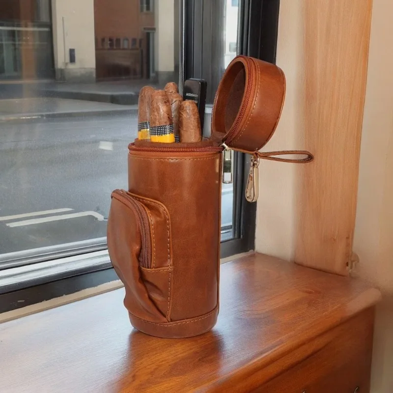 

New Retro Genuine Leather Cylinder Zipper Men's Cigar Box Large Capacity Cigar Humidifier Portable Cigar Case