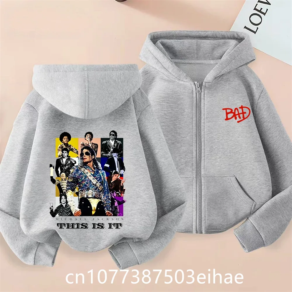 Children Boys Michael Jackson Zip‑Up Hooded Jacket, Thin Long Sleeve Spring Autumn Streetwear MJ Print Coat With Pockets