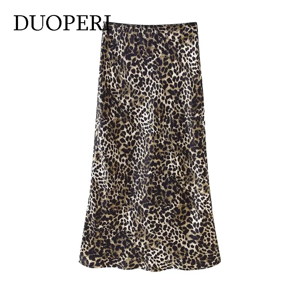 

DUOPERI Women Fashion Satin Printed Side Zipper Midi Skirt Vintage High Waist Female Chic Lady Skirts