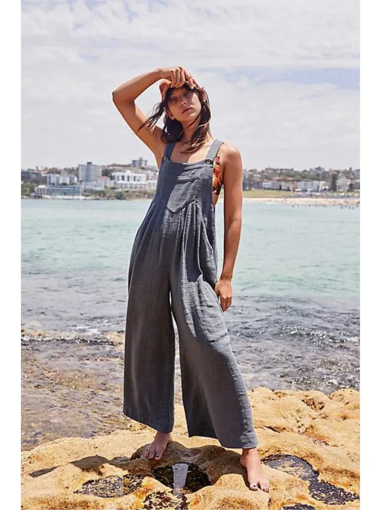 Women Summer Boho Jumpsuit Overalls Solid Ethnic Style Square Neck Sleeveless Casual Jumpsuit Pockets Loose Pants Jumpsuits 2024