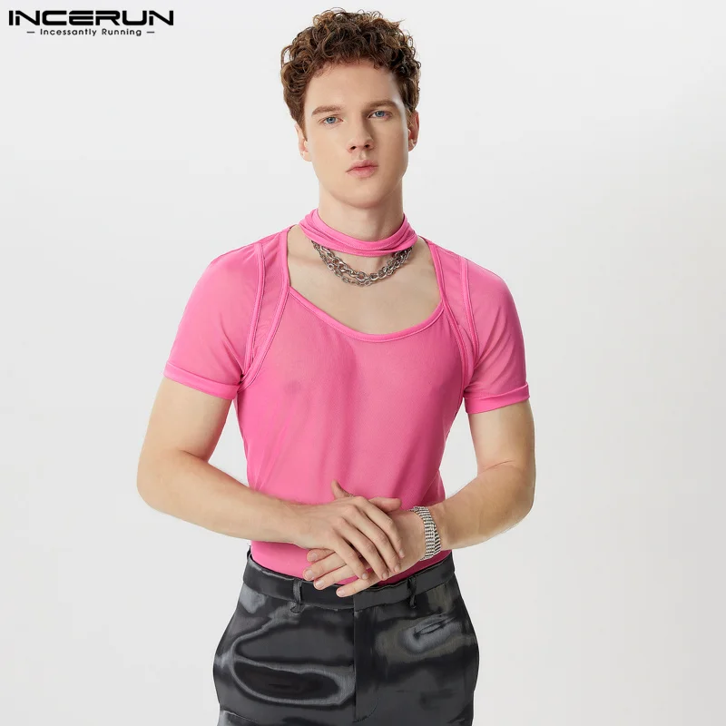 INCERUN Men T Shirt Solid Mesh Transparent Turtleneck Short Sleeve Men Clothing 2024 Streetwear Hollow Out Fashion Camsietas