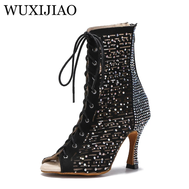 Ladies High Top Dance Shoes Black Ballroom Boots Salsa Tango Dance Shoes Girls Fashion Party Cutouts High Heels Sandals Summer