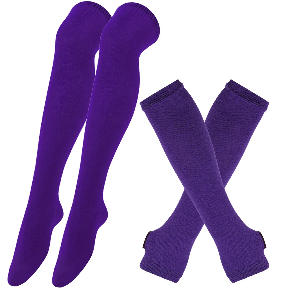 Chaussettes longues imprimées à rayures sur le genou pour femmes et filles, chaussettes hautes en coton pour Halloween, manches de bras, gants, grande taille