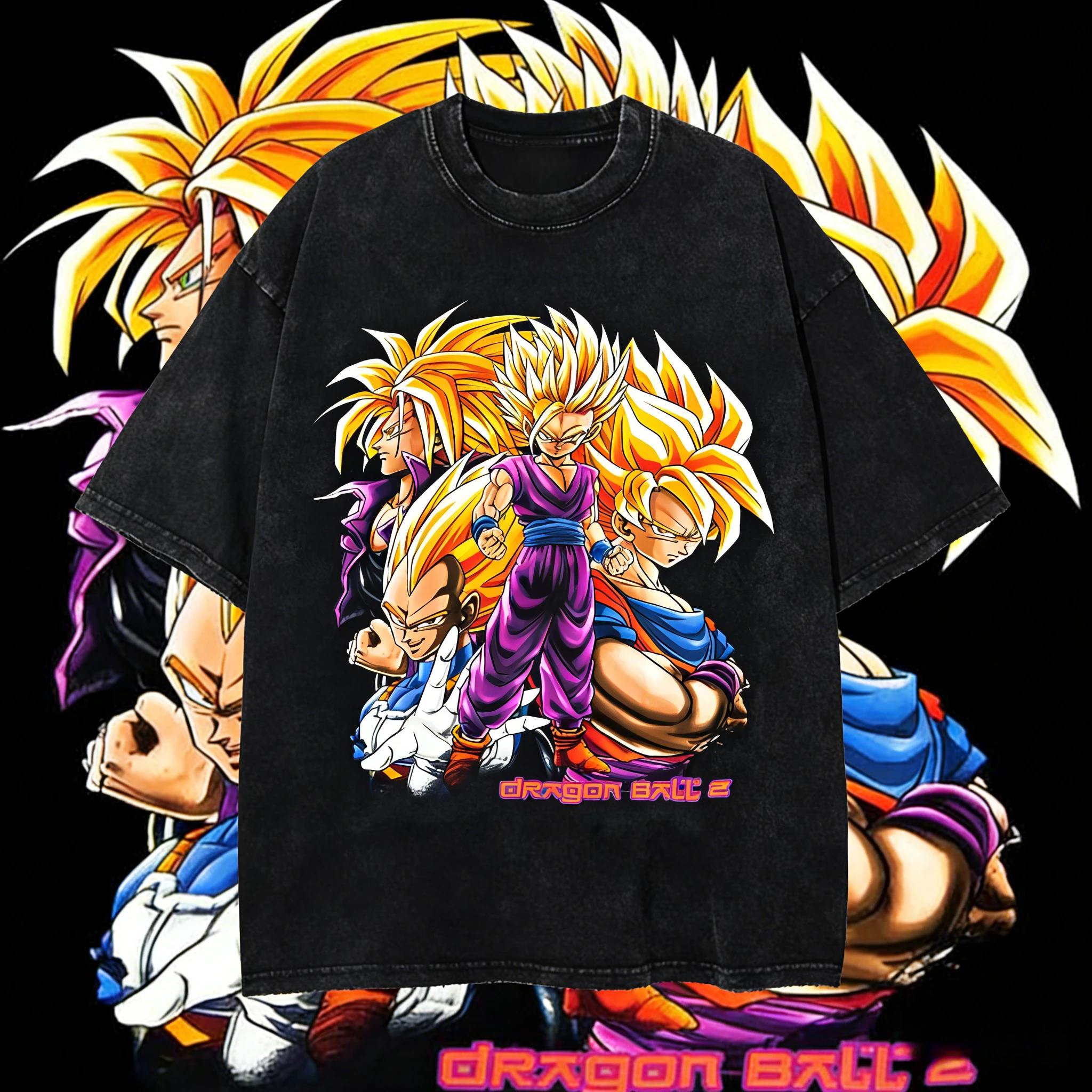 

2026 Summer Dragon Ball Retro T-shirt Men Washed Cotton Oversize Super Saiyan Team Print Casual Unisex Kids Available Streetwear