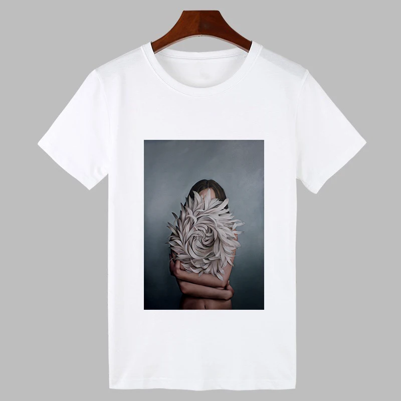 2020 Sexy Flowers Feather Print Harajuku T shirt Women Fashion Tshirt O-neck Short Sleeve T-shirt White Tops Female Clothing