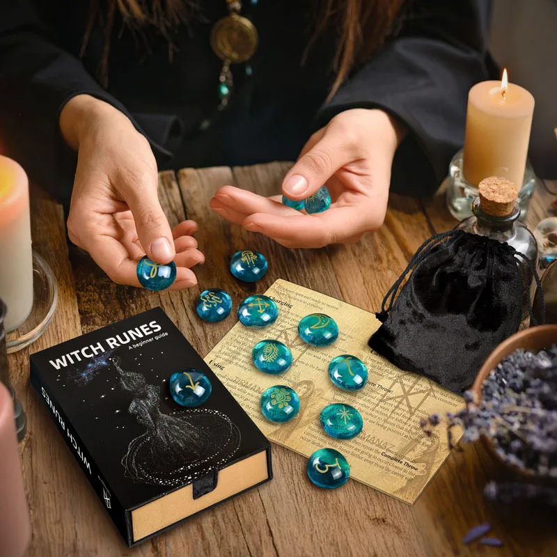 Blue Glass Witch Rune Stones Set Witches Runes Divination Kit Witchy Altar Divination Tool, Beginner Spiritual Gift