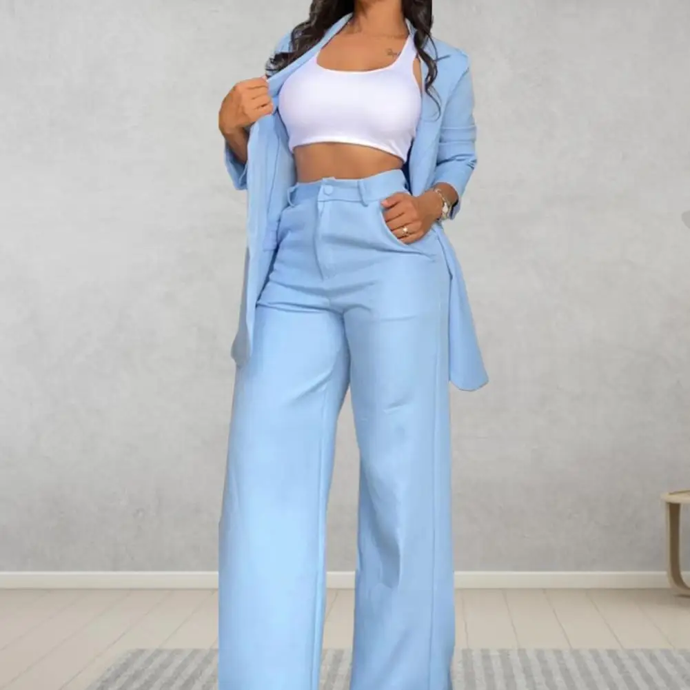 Women Pants Suit Elegant Women\'s Coat Pants Set with Single-breasted Jacket Wide Leg Pants High Waist Design for Stylish Commute