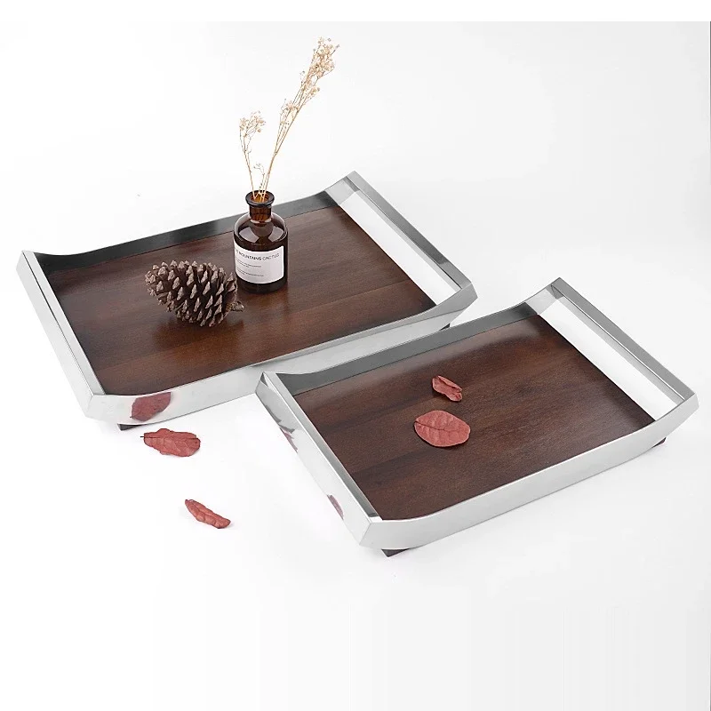 304 stainless steel walnut wood rectangular storage sundries tea decorative trays