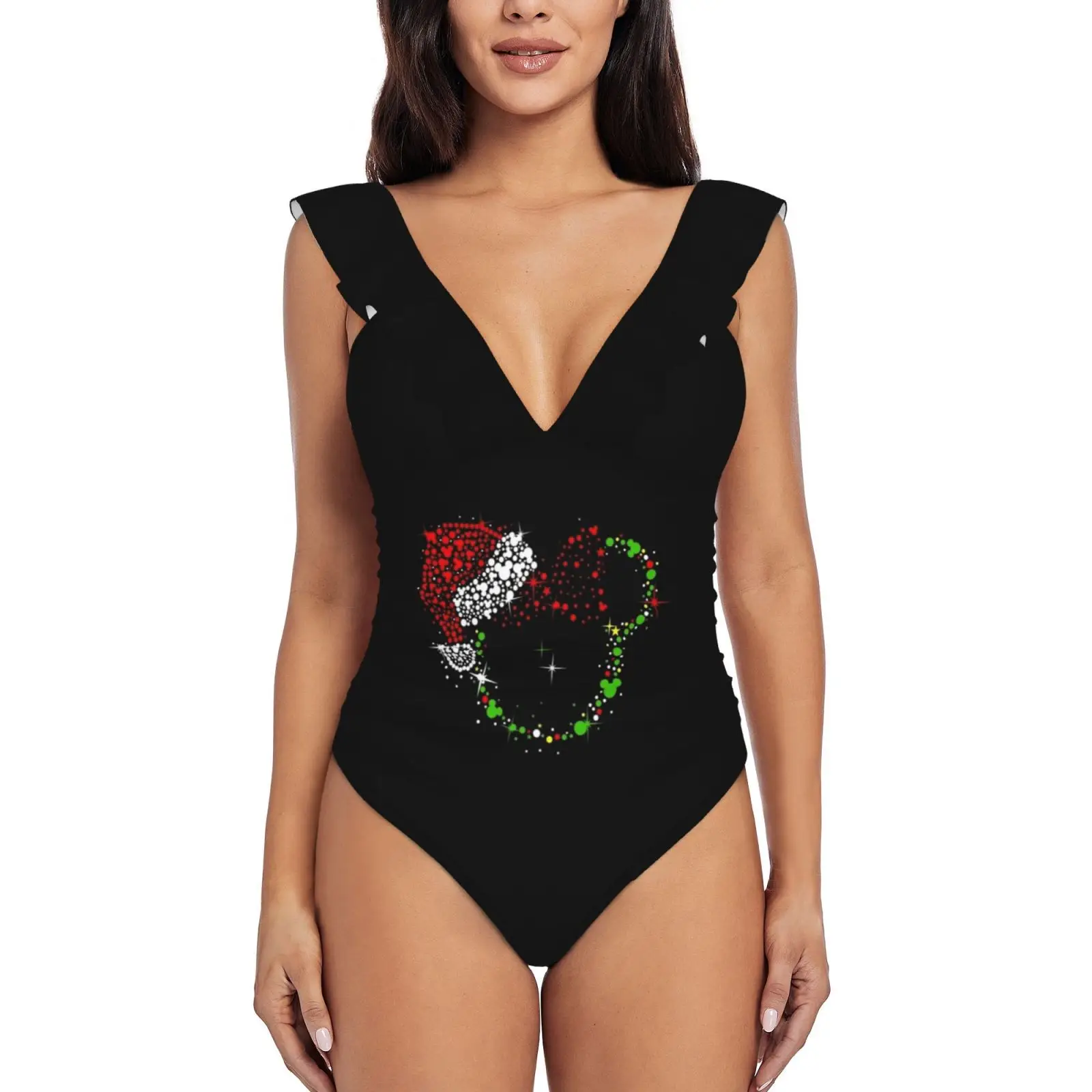 Christmas Minnie New Print Swimwear Deep-V Ruffle Swimsuit One Piece Swimsuit Beach Wear Monokini Christmas Xmas White