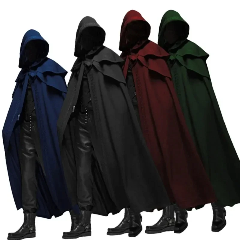 Mittelalter licher Winter langer Umhang Poncho Gothic Herren Mönch Cosplay Trench Chic Vintage Kapuze lose schwarze Umhang Mäntel wind dichten Mantel