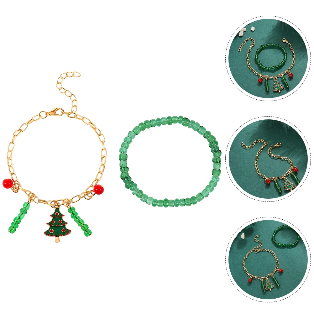 

2Pcs Christmas Tree Beaded Bracelets Alloy Material Durable Women Wrist Jewelry Christmas Party Charm Bracelets