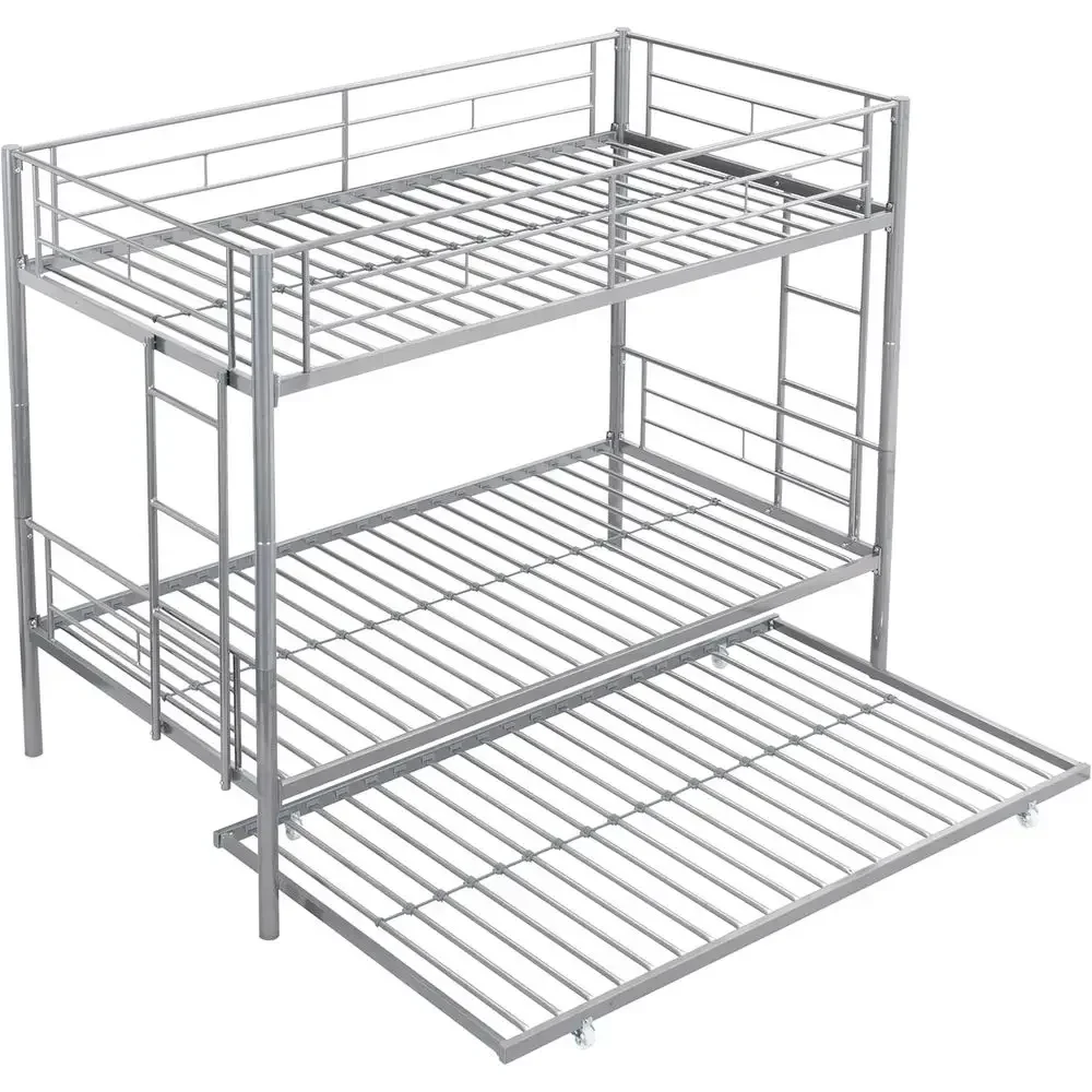 

Silver Metal Twin Bunk Bed with Trundle, Built-in Ladder and Safety Rail for Kids, Teens, and Adults