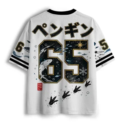 V Neck Mesh Short Sleeve Jersey, Ukiyo-e Penguin And Wave Print Tee, Japanese Cartoon Animal Casual Loose Street Top