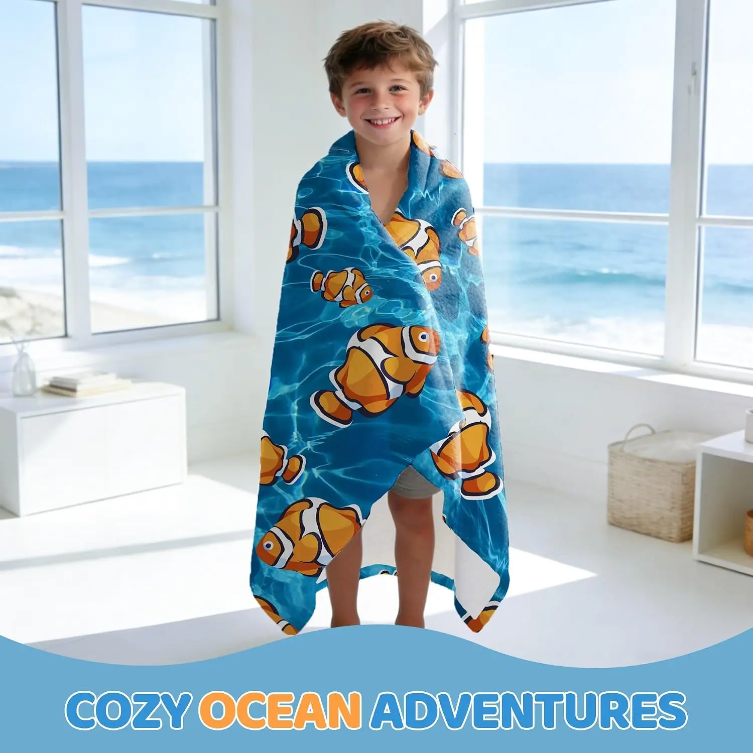 Bright Blue Underwater Ripple Cartoon Clownfish Flannel Throw Blanket Soft Warm Cover for Sofa Bed Ocean Kids Bedroom Decor