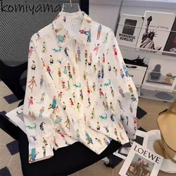 Komiyama Cartoon Print Blusas Mujer Turn-Down Collar Long Sleeve Shirts Blouses Single Breasted Camisas Loose Shirt Tops