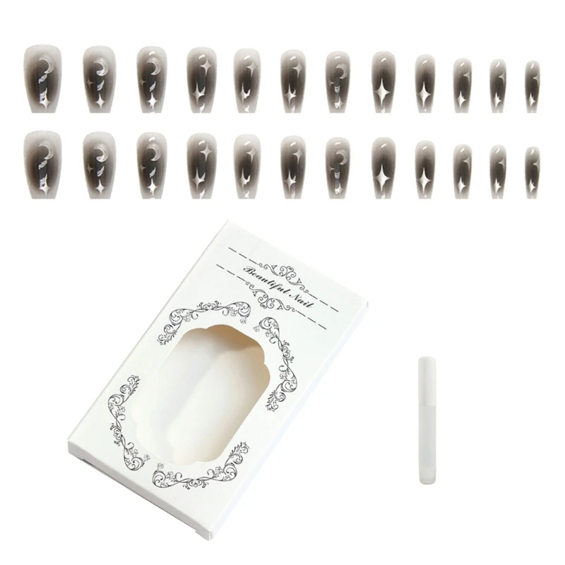 E1YE – faux ongles à pression en forme cercueil, dégradé longue couverture complète, bâton sur les ongles