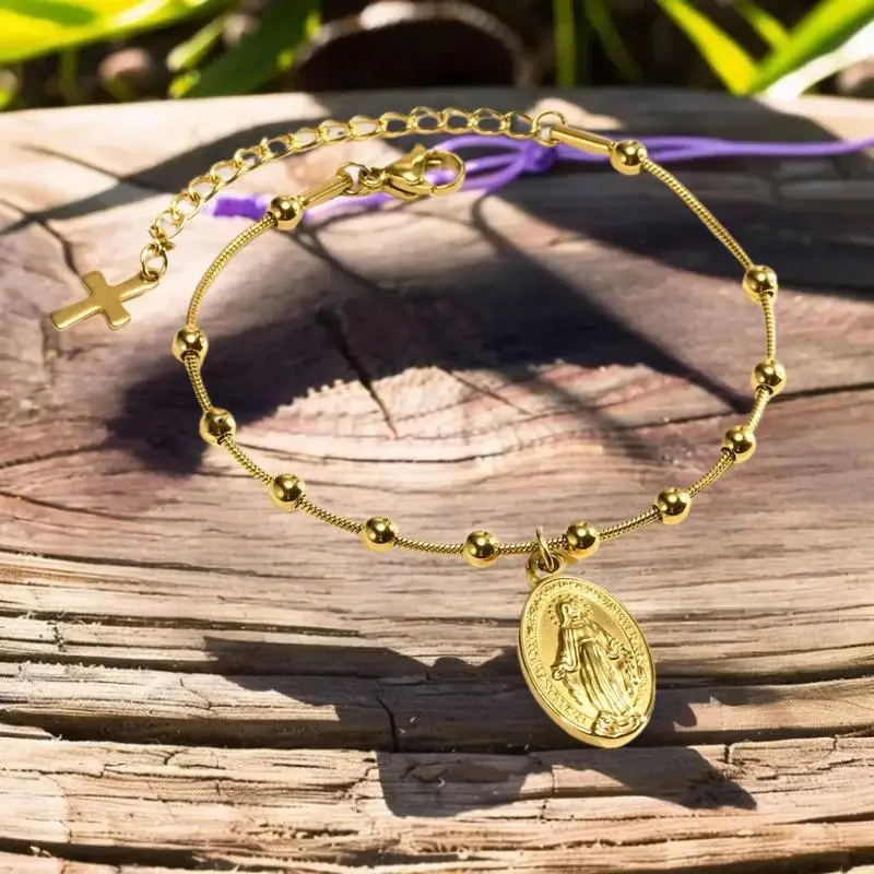 Preciosa pulsera de acero inoxidable con cuentas para mujer, ajustable con cruz del Rosario de la Virgen María, ideal para regalos religiosos