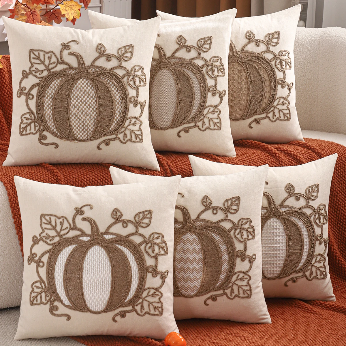 1pc Halloween decorative throw pillow cover with pumpkin twine embroidery on canvas, for the autumn Thanksgiving harvest season.