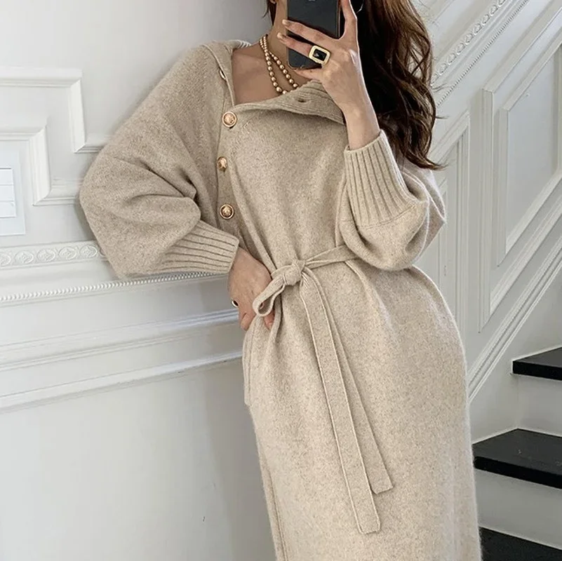 Stylish Winter Turtleneck Buttons Women Knitted Dress Elegant Full Sleeve Lace-up Female Thicken Long Sweater Dress