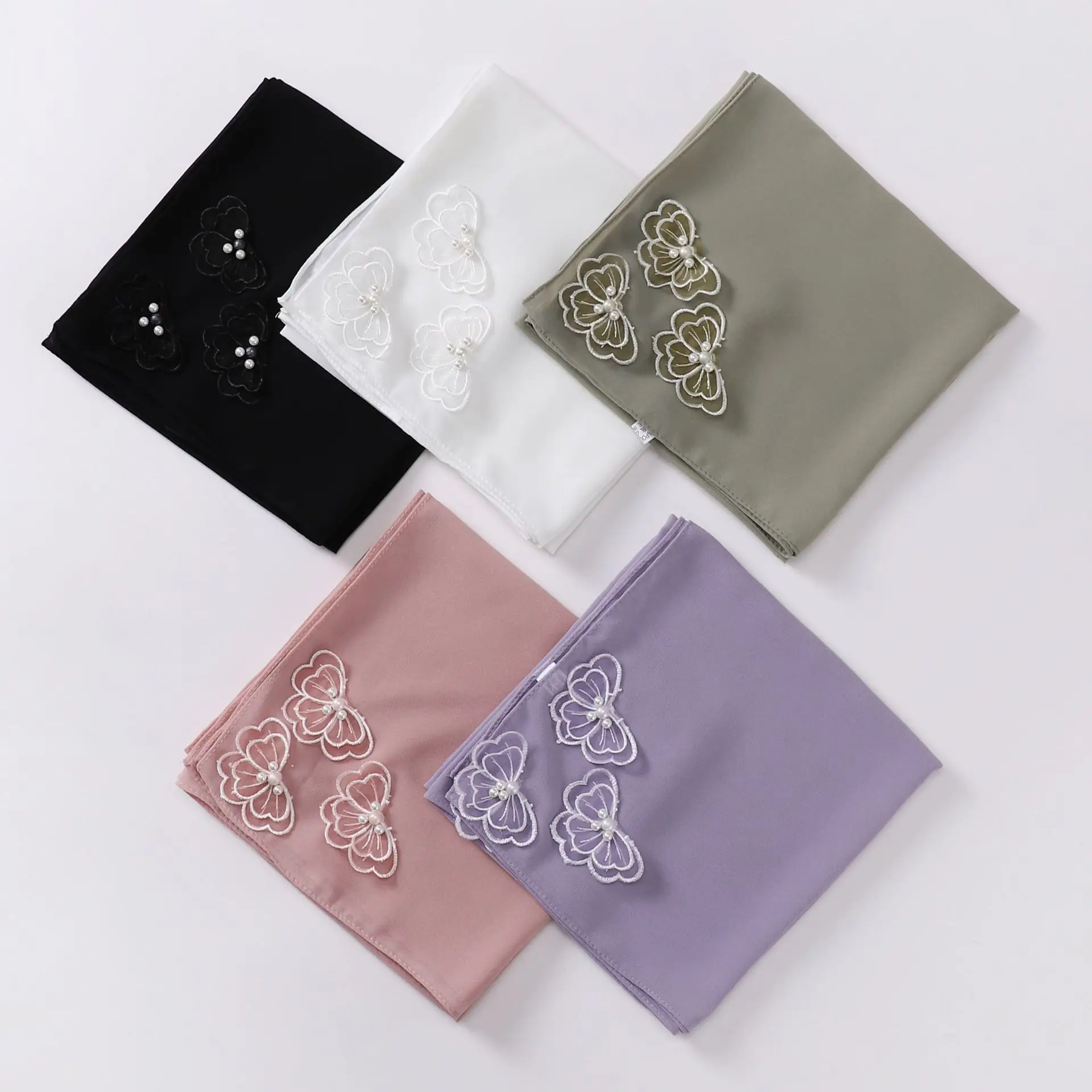 90*90cm Square Chiffon Hijab Four-corner Butterfly Bead Pearl Muslim Scarf Scarf Sweet Headscarf Foulard Femme Kerchief Mujer