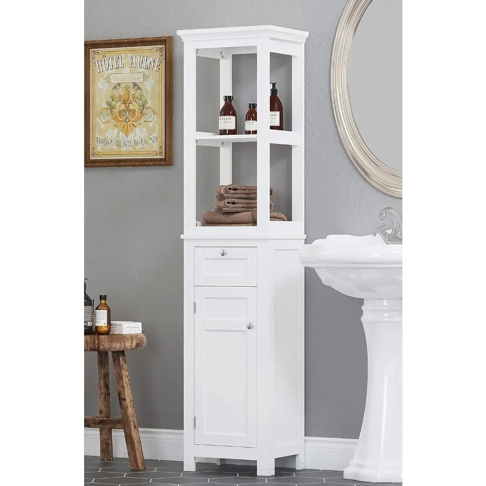 Home Bathroom Freestanding Storage Cabinet - Tall Slim Design with Two Tier Open Shelves, Door and Drawer