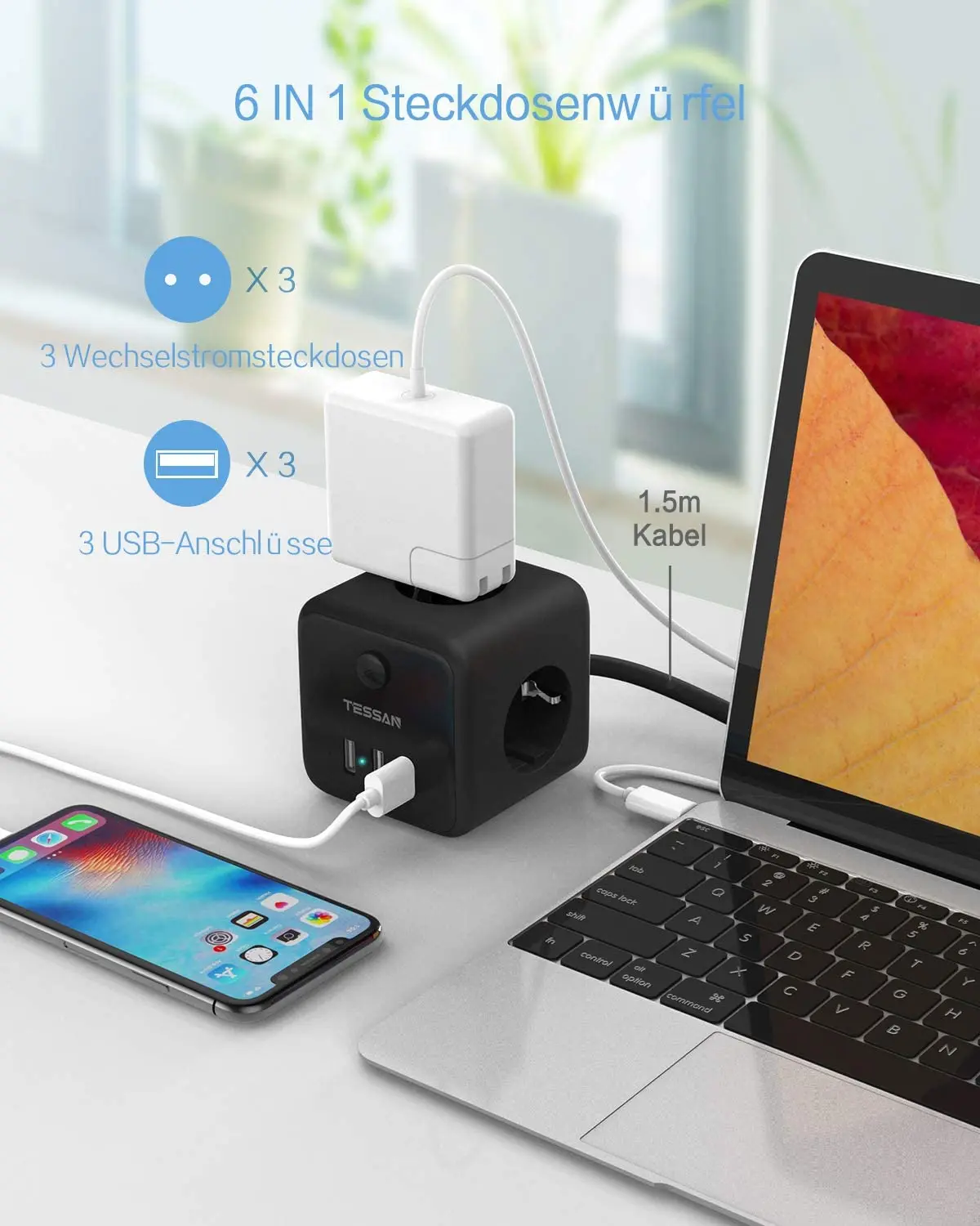 TESSAN Listwa zasilająca z wieloma gniazdami i 3 gniazdami 3 USB EU Plug Cube Gniazdo elektryczne z przełącznikiem Przedłużacz 1,5 m do domu