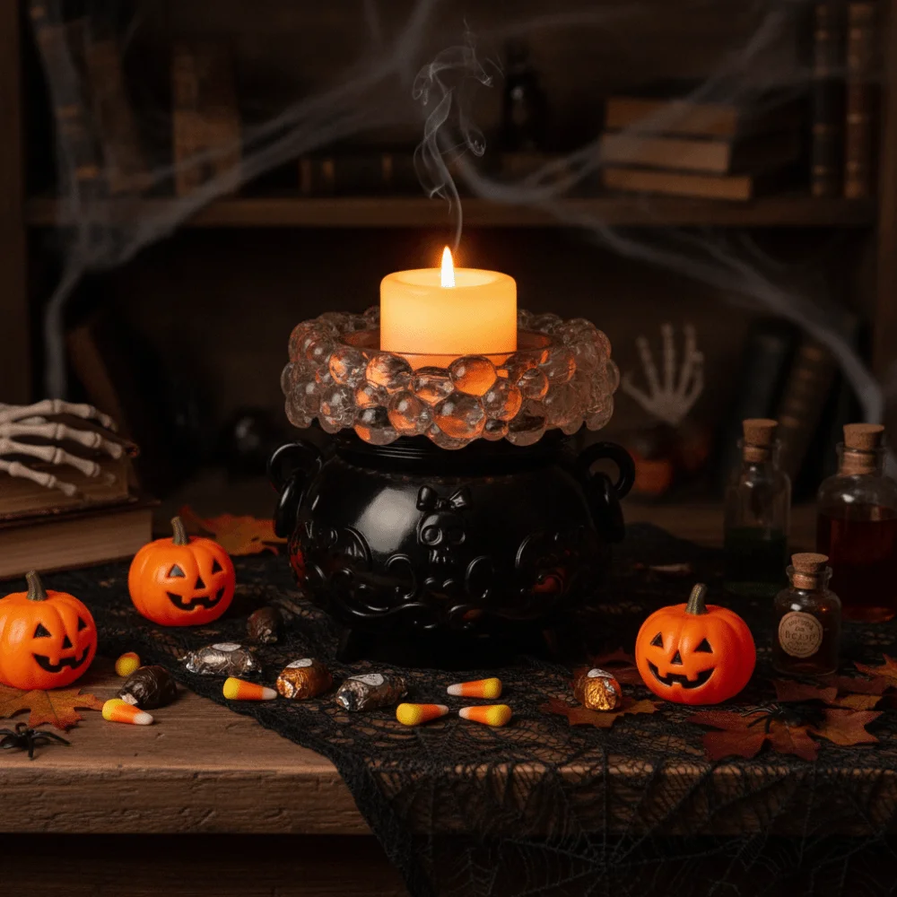 Color-Changing LED Lights Halloween Glowing Bubble Witch Crucible with Remote Control Relief Pattern Crucible Candlestick Resin