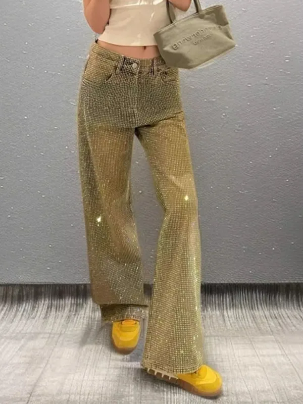 

Женские джинсы с высокой талией, блестящие, из денима, свободного прямого кроя, в пол, модные, для повседневной носки, темно-синие