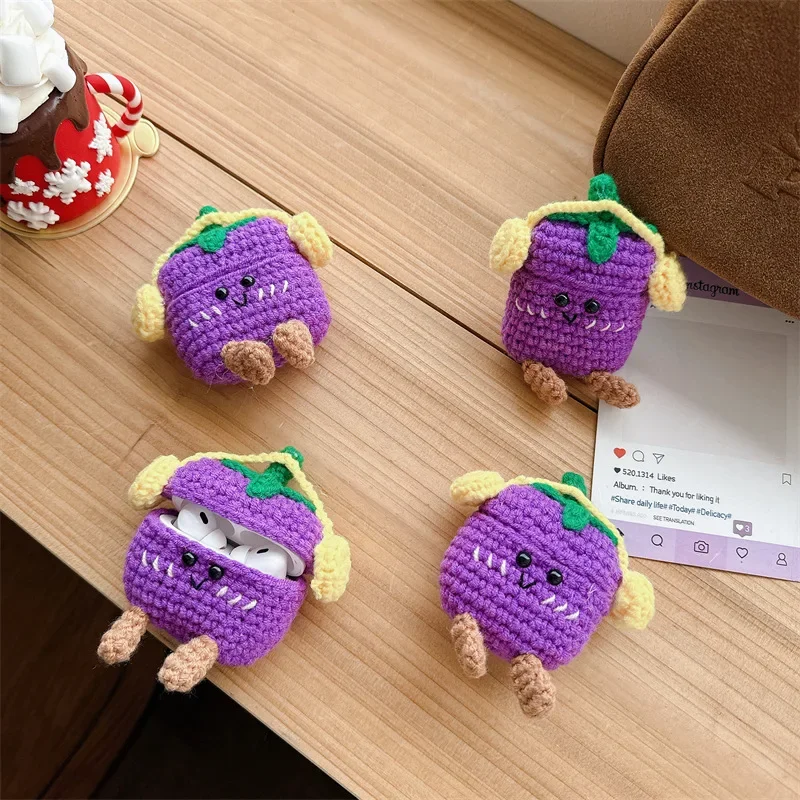 

Cartoon Eggplant Knitted Case for AirPods 4 Airpod 1 2 3 Pro Pro2 Bluetooth Earbuds Charging Box Protective Earphone Case Cover