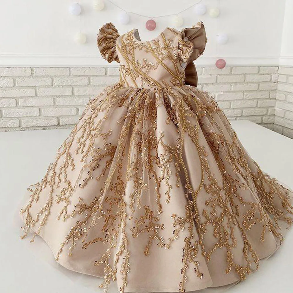 

Gold Puffy Flower Girl Dresses For Wedding Sequins Lace Floor Length Girls Pageant Dress Princess First Communion Gowns